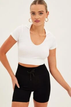 White Collar Top Short Sleeve Seamless -Women Clothing Shop bs1908 39j white 3