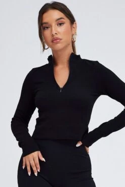 Black Zip Up Top Long Sleeve Seamless -Women Clothing Shop bs1976 39j black 3