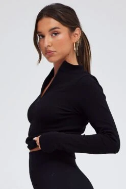 Black Zip Up Top Long Sleeve Seamless -Women Clothing Shop bs1976 39j black 4