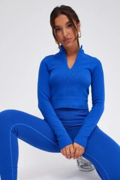 Blue Zip Up Top Long Sleeve Seamless