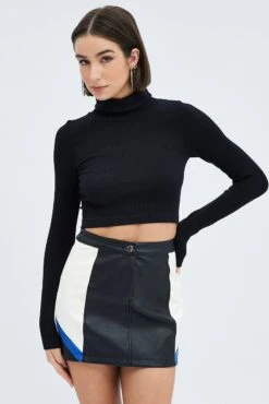 Black Top Long Sleeve Roll Up Neck Seamless