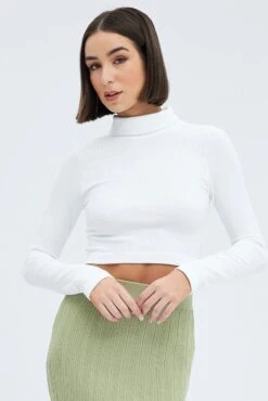 White Top Long Sleeve Roll Up Neck Seamless -Women Clothing Shop bs2059 39j white 3