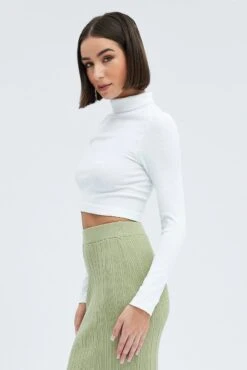 White Top Long Sleeve Roll Up Neck Seamless -Women Clothing Shop bs2059 39j white 4