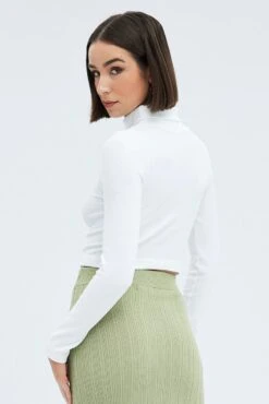 White Top Long Sleeve Roll Up Neck Seamless -Women Clothing Shop bs2059 39j white 5