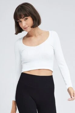 White Top Long Sleeve Scoop Neck Seamless -Women Clothing Shop bs2075 84j white 3