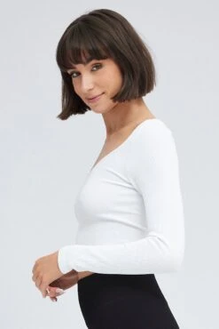 White Top Long Sleeve Scoop Neck Seamless -Women Clothing Shop bs2075 84j white 4