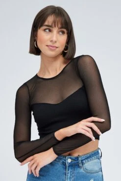 Black Mesh Top Long Sleeve Seamless