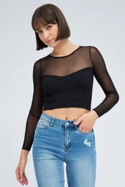 Black Mesh Top Long Sleeve Seamless -Women Clothing Shop bs2253 39j black 3