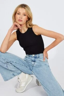 Black Bodysuit Sleeveless Crew Neck Seamless