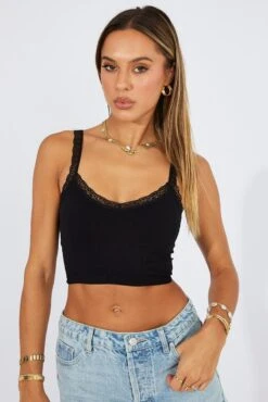 Black Singlet Top Lace Trim Seamless -Women Clothing Shop bs2269 84j black 3