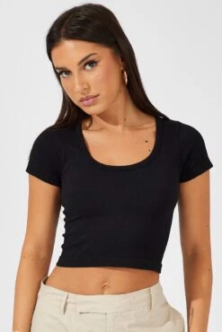 Black T Shirt Short Sleeve Round Neck Seamless -Women Clothing Shop bs2287 39j black 3