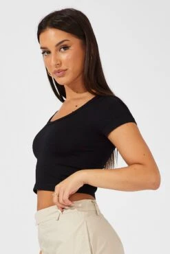 Black T Shirt Short Sleeve Round Neck Seamless -Women Clothing Shop bs2287 39j black 4