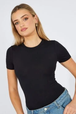 Black Bodysuit Short Sleeve Crew Neck Supersoft -Women Clothing Shop bs2314 84j black 3