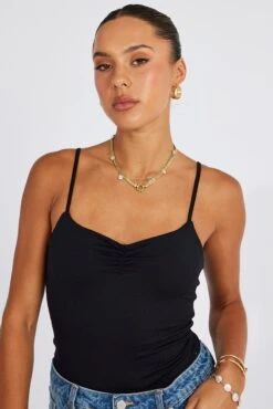 Black Bodysuit Front Ruched Supersoft -Women Clothing Shop bs2411 84jb black 3