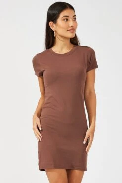 Brown Supersoft Dress Short Sleeve Crew Neck -Women Clothing Shop bs5160b 84j brown 3