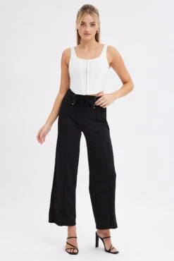 Black Straight Leg Pants High Rise Lace Up Jersey