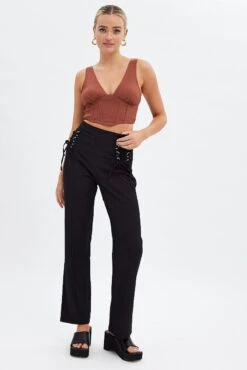 Black Straight Leg Pants High Rise Tailored Lace Up
