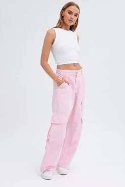 Pink Cargo Pants Mid-Rise Wide Leg Parachute -Women Clothing Shop bt0055 34cb candy pink 3