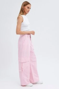 Pink Cargo Pants Mid-Rise Wide Leg Parachute -Women Clothing Shop bt0055 34cb candy pink 4