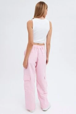 Pink Cargo Pants Mid-Rise Wide Leg Parachute -Women Clothing Shop bt0055 34cb candy pink 5