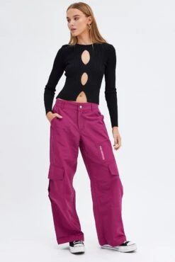 Purple Cargo Pants Mid-Rise Wide Leg Parachute -Women Clothing Shop bt0055 34cb plum 3