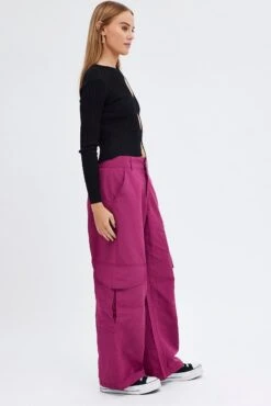 Purple Cargo Pants Mid-Rise Wide Leg Parachute -Women Clothing Shop bt0055 34cb plum 4
