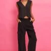 Black Wide Leg Pants High Rise Cargo Tailored -Women Clothing Shop bt0056x 34cb black 1