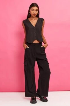 Black Wide Leg Pants High Rise Cargo Tailored
