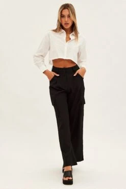 Black Wide Leg Pants High Rise Cargo Tailored -Women Clothing Shop bt0056x 34cb black 4