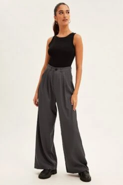 Grey Wide Leg Pants -Women Clothing Shop bt12094 f4 charcoal 3