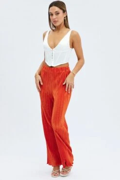 Orange Plisse Pants Wide Leg High Rise 10 Orange Plisse Pants Wide Leg High Rise -Women Clothing Shop bt12554x f3 orange 3