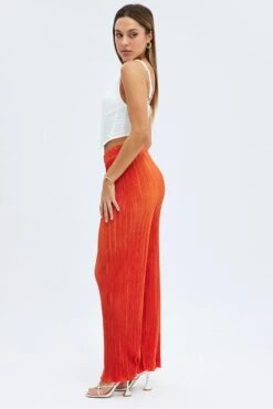 Orange Plisse Pants Wide Leg High Rise 11 Orange Plisse Pants Wide Leg High Rise -Women Clothing Shop bt12554x f3 orange 4