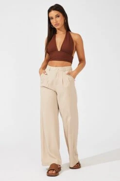 Beige Wide Leg Pants High Rise -Women Clothing Shop bt2248a 33pb beige 3