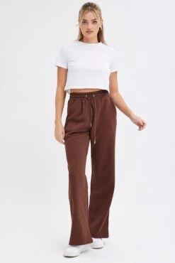 Brown Wide Leg Track Pants High Rise -Women Clothing Shop bt2372 84pb chocolate 3