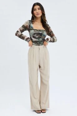 Beige Wide Leg Pants High Rise Pleated