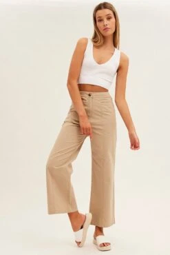 Beige Wide Leg Pants High Rise Cotton