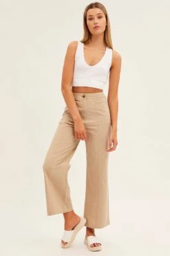 Beige Wide Leg Pants High Rise Cotton -Women Clothing Shop bt2543 35pb beige 3