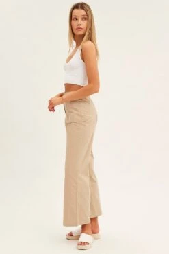 Beige Wide Leg Pants High Rise Cotton -Women Clothing Shop bt2543 35pb beige 4