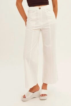 White Wide Leg Pants High Rise Cotton -Women Clothing Shop bt2543 35pb white 2