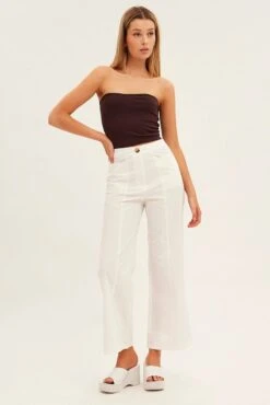 White Wide Leg Pants High Rise Cotton -Women Clothing Shop bt2543 35pb white 3