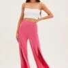 Hot Pink Wide Leg Pants High Rise Front Split -Women Clothing Shop bt2561 38pb hot pink 1