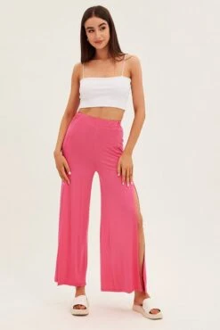 Hot Pink Wide Leg Pants High Rise Front Split -Women Clothing Shop bt2561 38pb hot pink 3