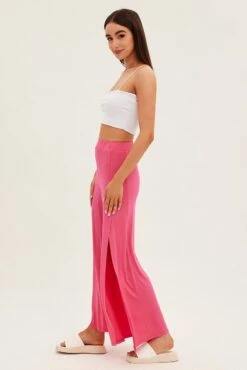 Hot Pink Wide Leg Pants High Rise Front Split -Women Clothing Shop bt2561 38pb hot pink 4
