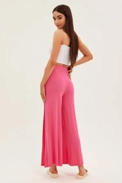 Hot Pink Wide Leg Pants High Rise Front Split -Women Clothing Shop bt2561 38pb hot pink 5