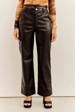 Black Wide Leg Pants High Rise Faux Leather -Women Clothing Shop bt2562 33p black 3