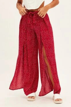 Red Polka Dot Wide Leg Pants High Rise Waist Tie -Women Clothing Shop bt2598 81pb polka dot 2