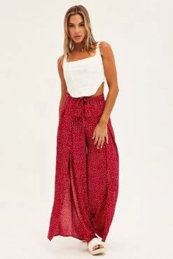 Red Polka Dot Wide Leg Pants High Rise Waist Tie -Women Clothing Shop bt2598 81pb polka dot 3