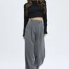 Grey Wide Leg Pants Turn Down Waist Low Rise -Women Clothing Shop bt2621 38pb charcoal 1