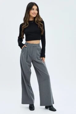 Grey Wide Leg Pants Turn Down Waist Low Rise -Women Clothing Shop bt2621 38pb charcoal 3
