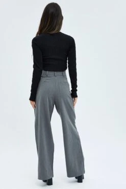Grey Wide Leg Pants Turn Down Waist Low Rise -Women Clothing Shop bt2621 38pb charcoal 5
